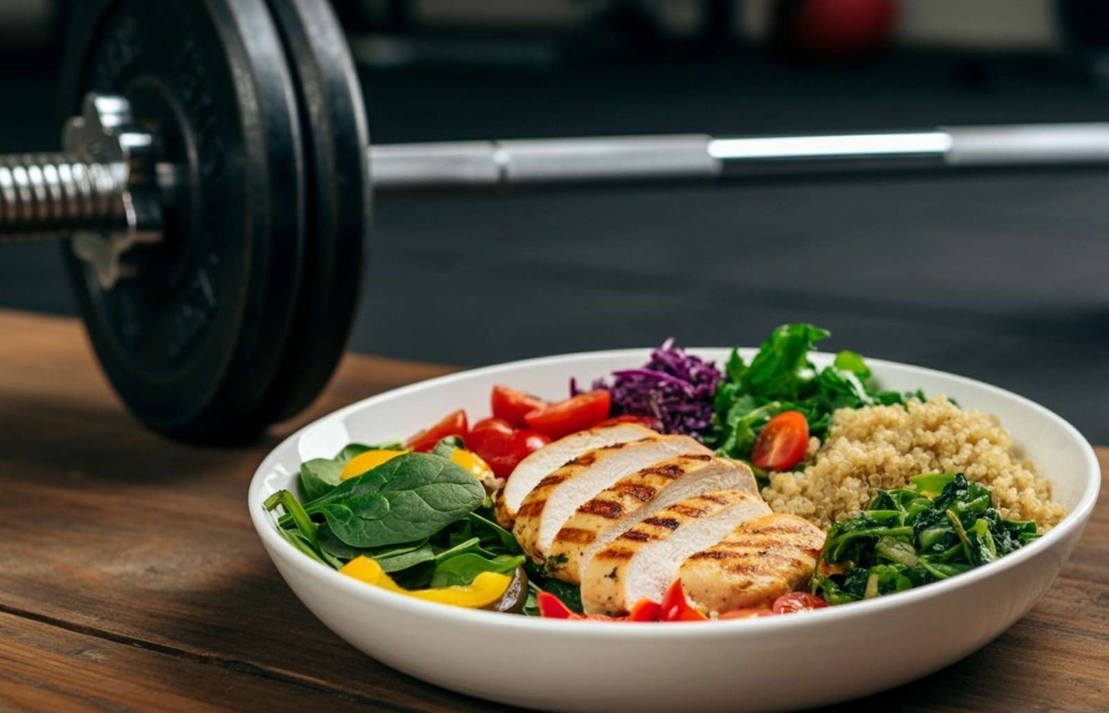 Post workout meal with a barbell in the background