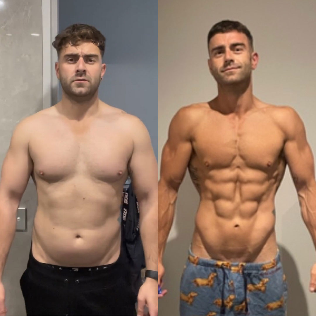 Male client before and after transformation at Strength Lab