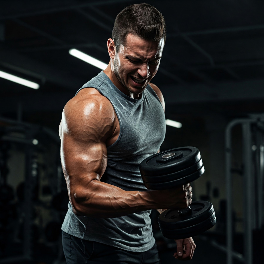 Client performing bicep curls during personalised muscle-building training at Strength Lab Melbourne