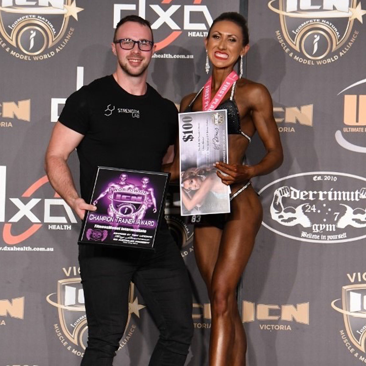 Competition prep coach in Melbourne with client after physique contest