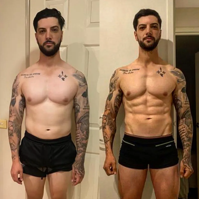 Male client 12-week body recomposition showing significant fat loss and muscle definition