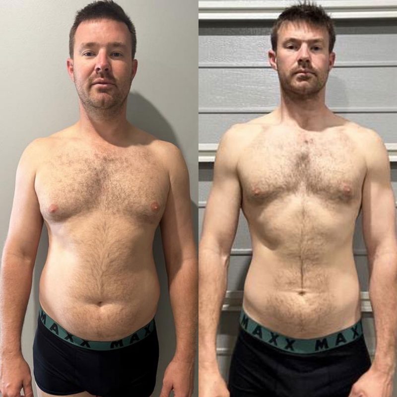 Beau's body transformation showing simultaneous fat loss and muscle gain through coaching