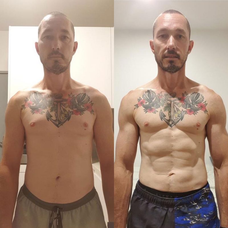 Male client with chest tattoo showing muscle gain transformation before and after