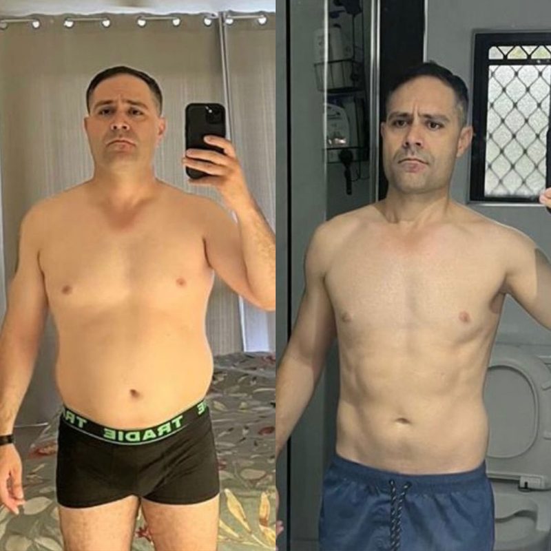 Male client dad bod to lean physique transformation before and after with Strength Lab