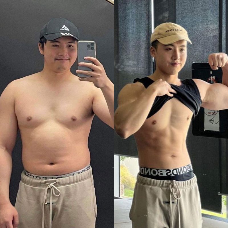 Male client dramatic muscle gain and fat loss transformation before and after results