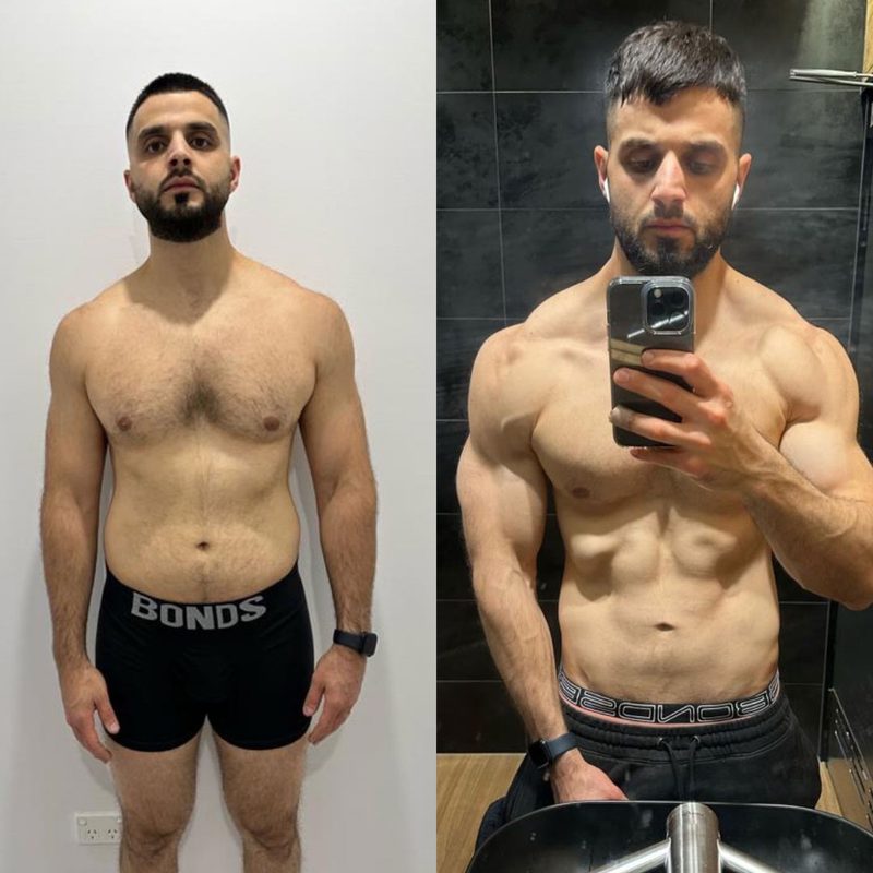 Male client achieving lean defined body through Strength Lab coaching program