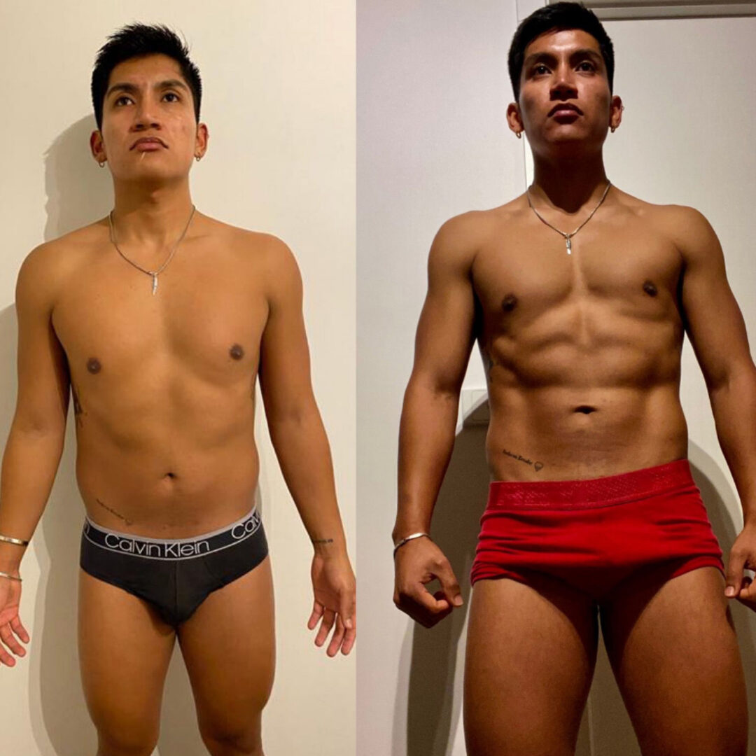 Male client before and after body transformation with Strength Lab Melbourne personal training — muscle gain and body recomposition result