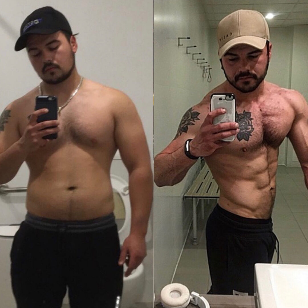 Male client before and after fat loss transformation with Strength Lab Melbourne personal training — significant weight loss and muscle definition result