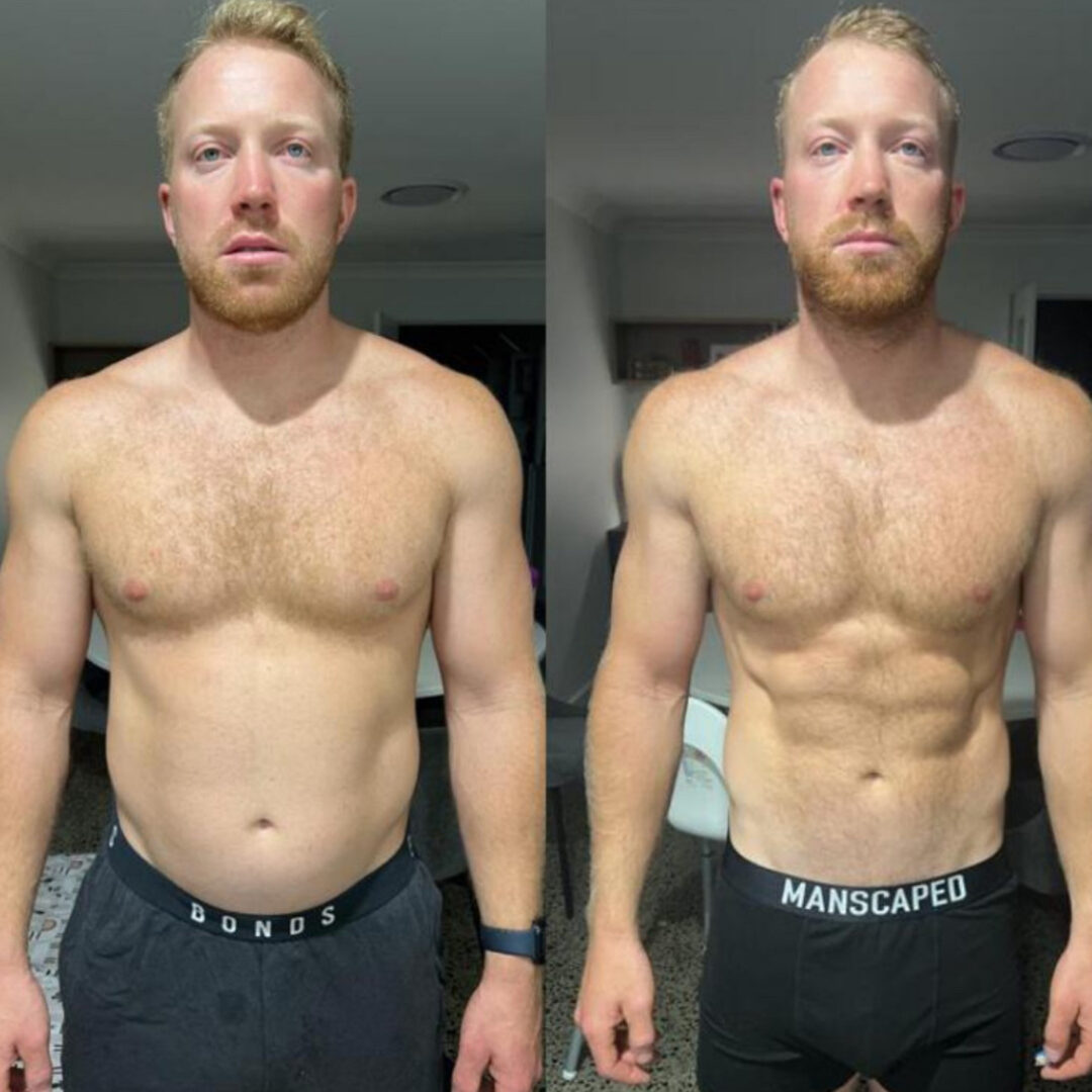 Male client before and after lean body transformation with Strength Lab Melbourne online coaching — visible fat loss and muscle definition result