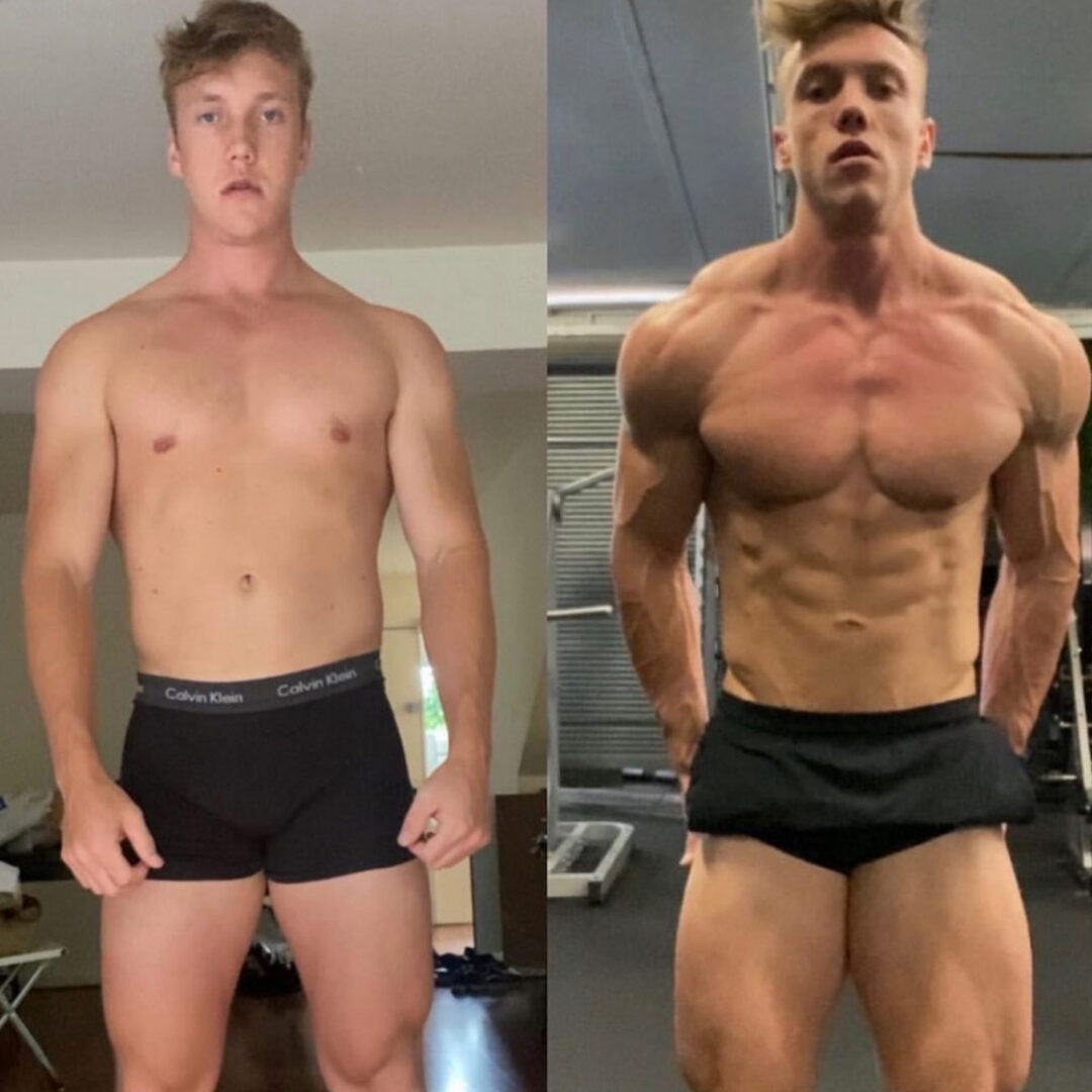 Male client before and after muscle building transformation with Strength Lab Melbourne personal training — lean muscle gain and physique development result