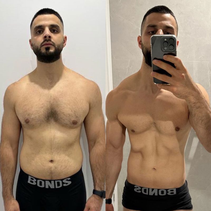 Male client belly fat loss before and after showing defined midsection from online coaching