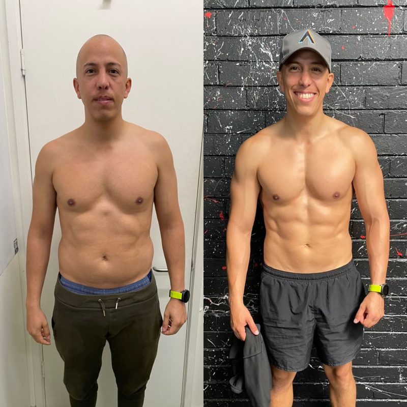 Male client body fat loss results showing leaner physique from personal training program