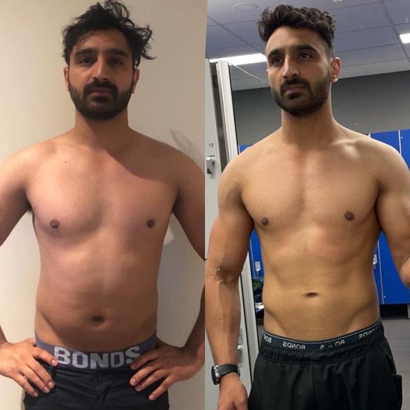 Male client body fat reduction before and after showing improved muscle visibility from coaching
