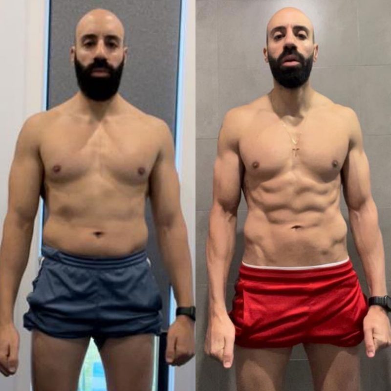 Male client body recomposition showing lean abs and improved muscle tone from coaching