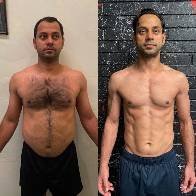 Male client fat loss before and after showing lean abs and improved body composition