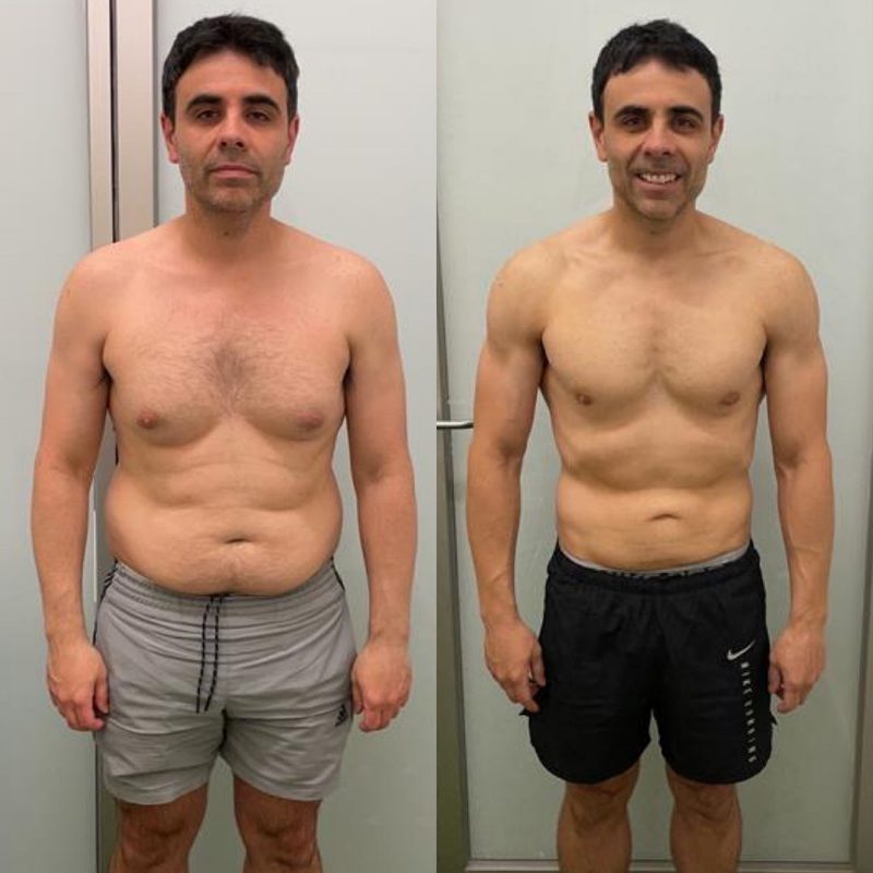 Male client gut loss and body transformation before and after from Strength Lab coaching