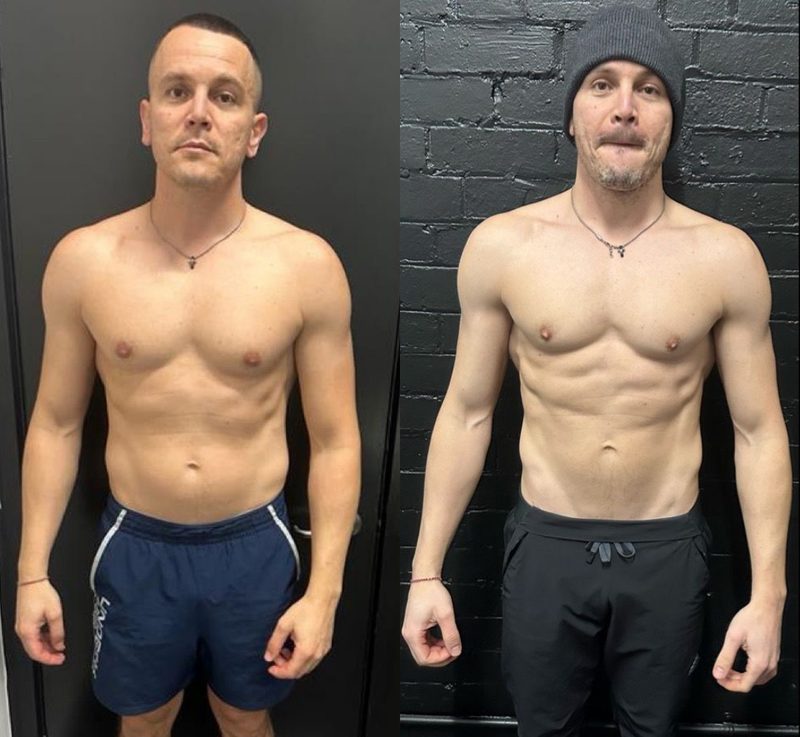 Male client lean muscle definition before and after showing improved chest and core from Strength Lab coaching
