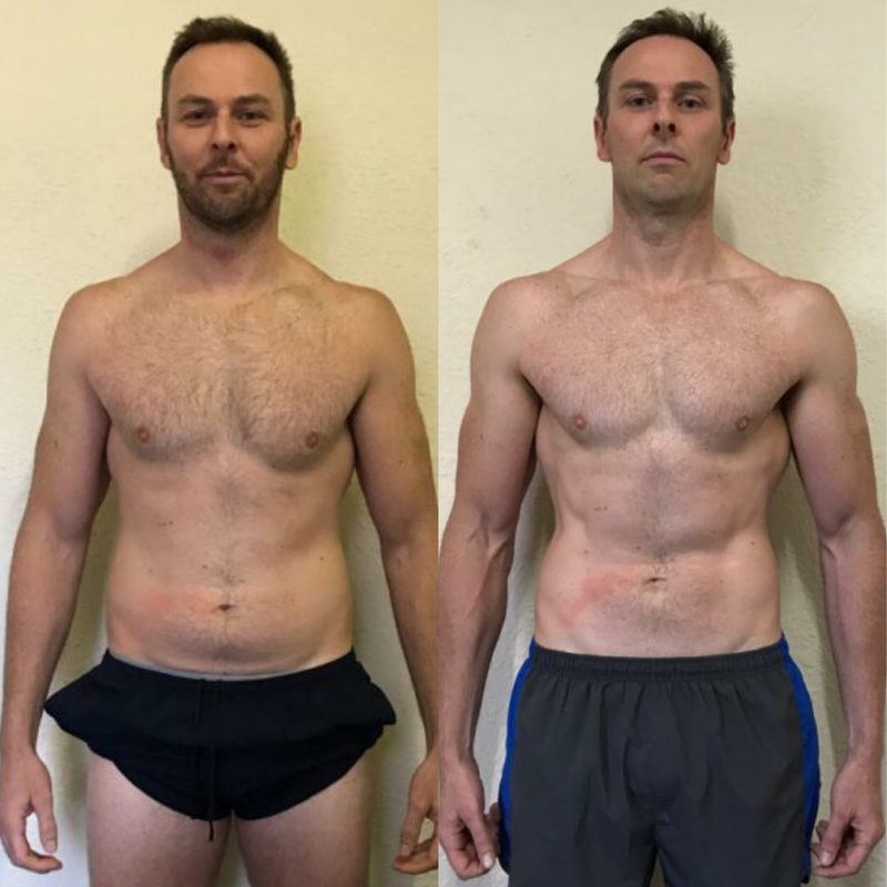 Male client lean toned physique before and after results from Strength Lab coaching