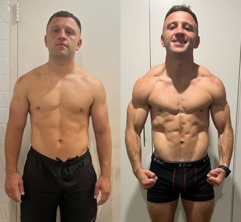 Male client significant weight loss transformation before and after from Strength Lab coaching