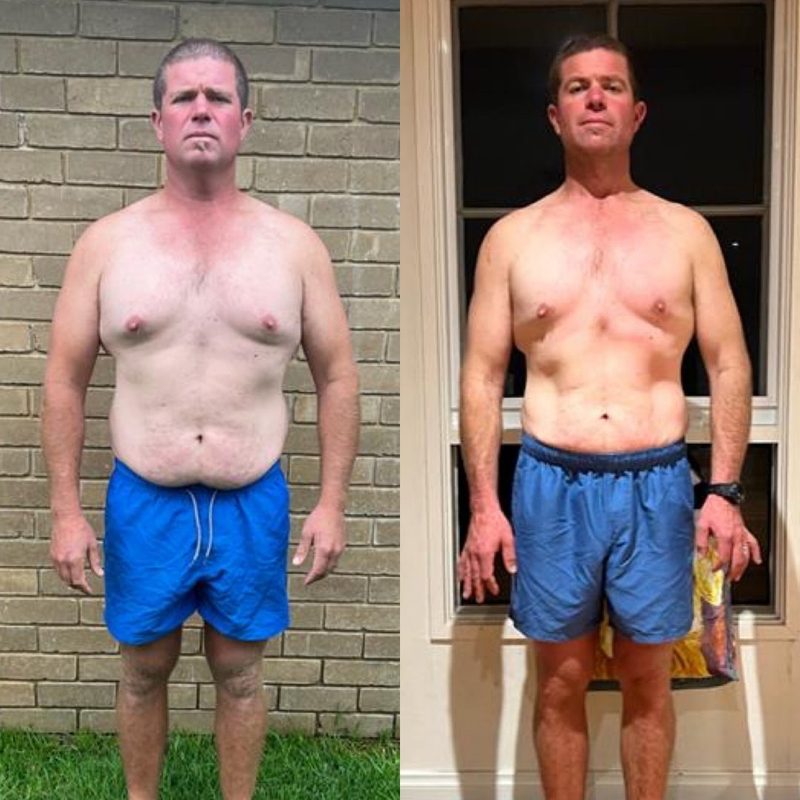 Middle-aged male client fat loss transformation showing improved body composition