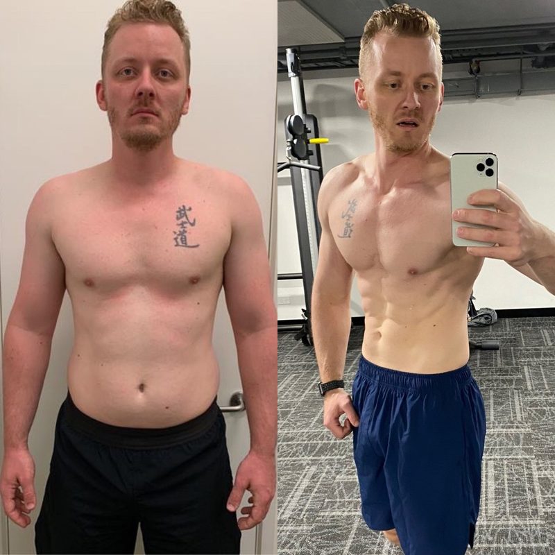 Mikey's transformation from belly fat to visible abs through Strength Lab coaching