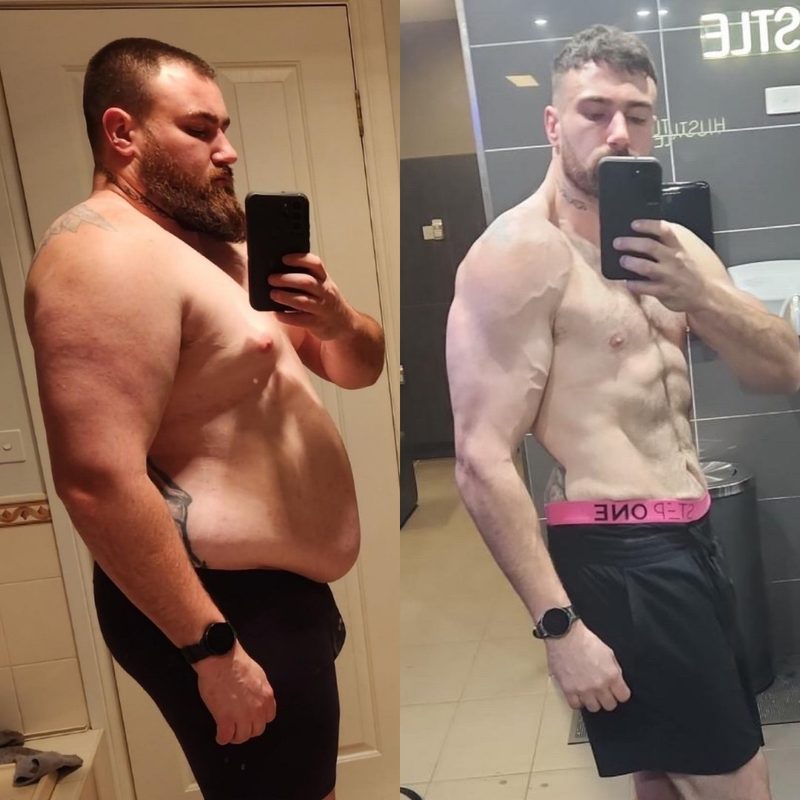Male client massive weight loss transformation from obese to muscular lean physique