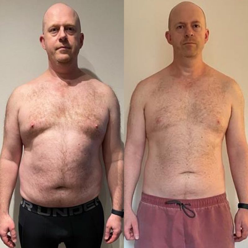 Older male client body fat reduction before and after showing improved physique from coaching