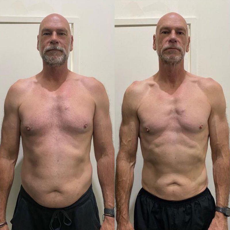 Older male client fat loss body transformation showing improved definition and reduced body fat