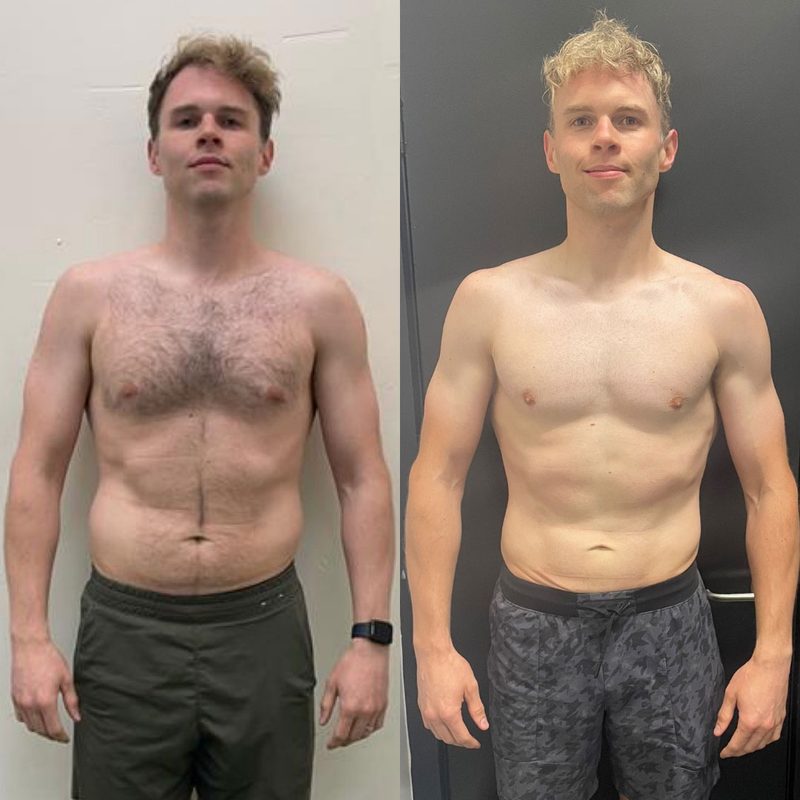 Male client fat loss transformation before and after from Strength Lab online coaching