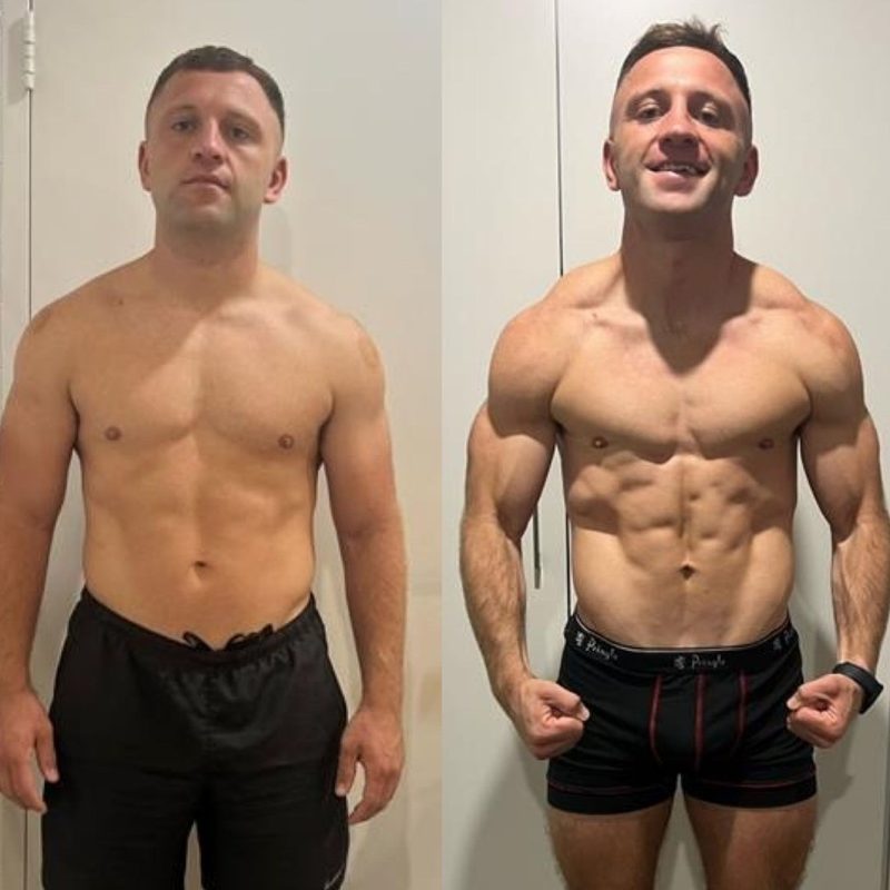 Collection of male body transformation before and after photos from Strength Lab online coaching clients