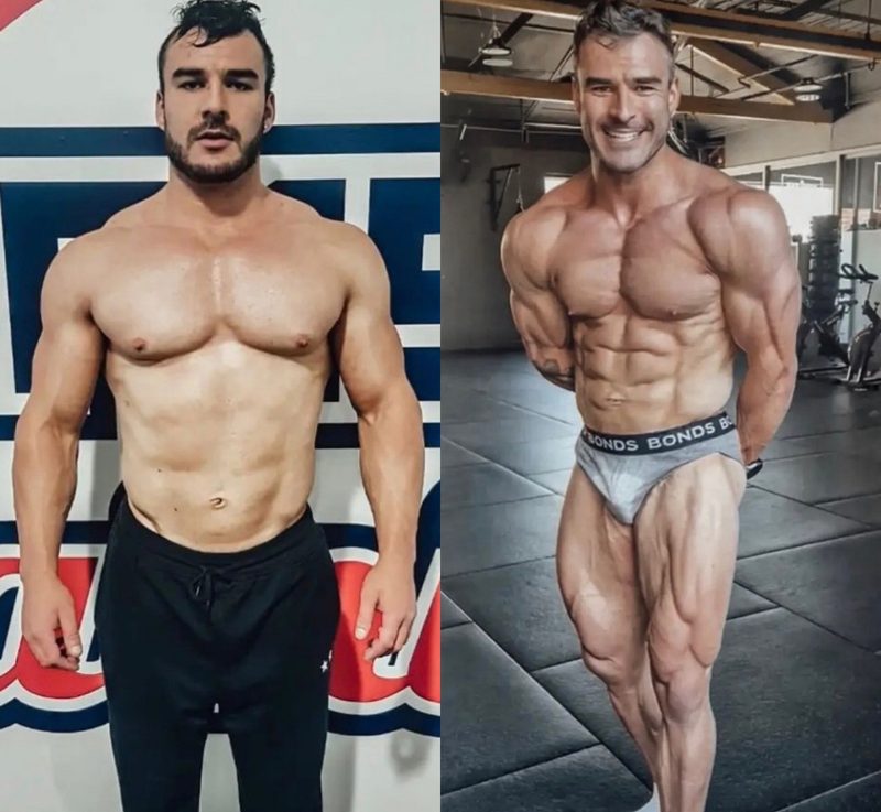 Male client muscle gain transformation showing dramatic physique improvement through online coaching