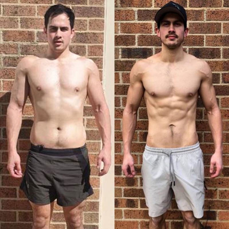 Male client lean muscle before and after results from online personal training program