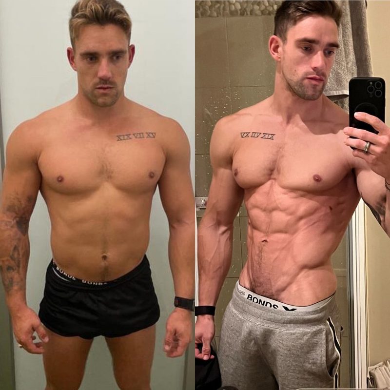 Male client with roman numeral tattoo transformation to shredded physique with defined abs