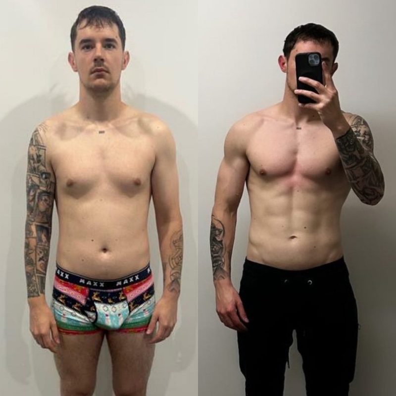 Male client with sleeve tattoo body recomposition transformation showing lean muscle gain