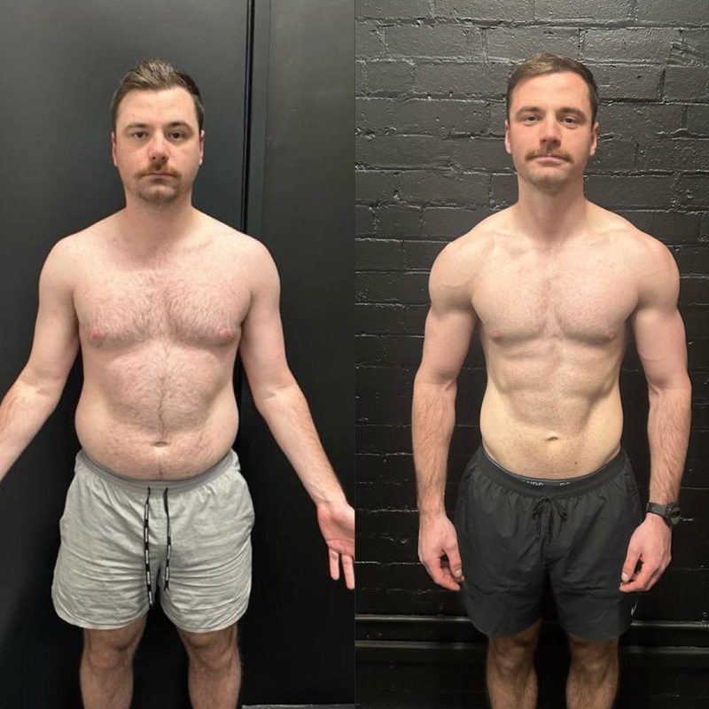 Collage of male body transformation before and after photos from Strength Lab online coaching program