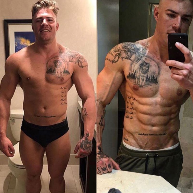 Tattooed male client transformation to shredded physique with visible abs and muscle definition