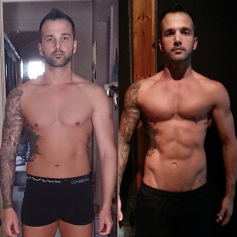 Tattooed male client lean physique transformation showing defined abs from coaching