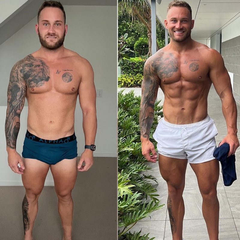 Tattooed male client body recomposition before and after showing dramatic fat loss and muscle gain