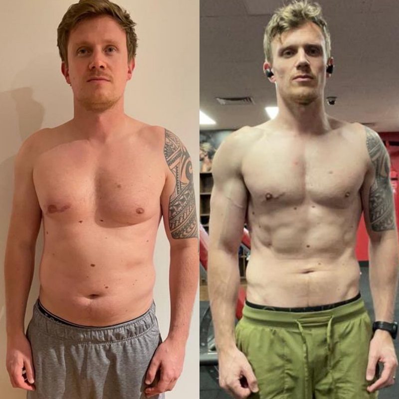 Male client with tribal tattoo achieving lean defined physique through Strength Lab coaching