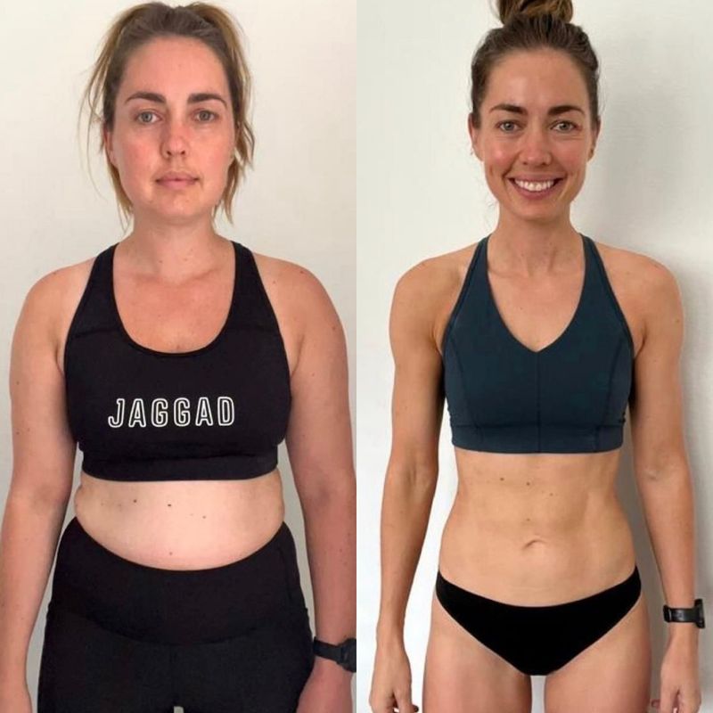 Female client belly fat loss before and after – reduced midsection with Strength Lab coaching