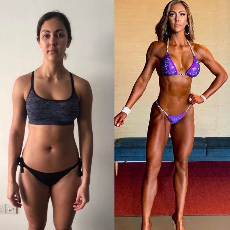Female client bikini competition transformation before and after – from everyday physique to competition stage with Strength Lab