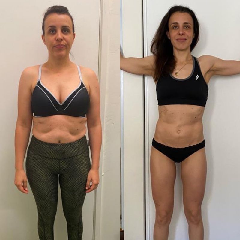 Female client body recomposition before and after – fat loss and lean muscle gained through Strength Lab online coaching