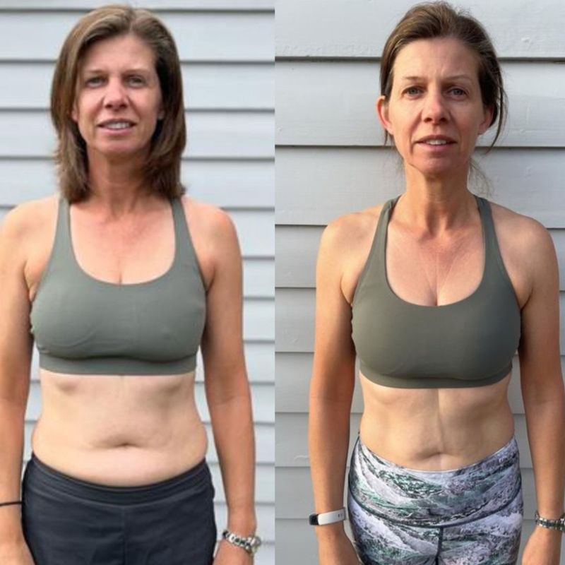 Female client core strength transformation before and after – improved midsection definition with Strength Lab coaching