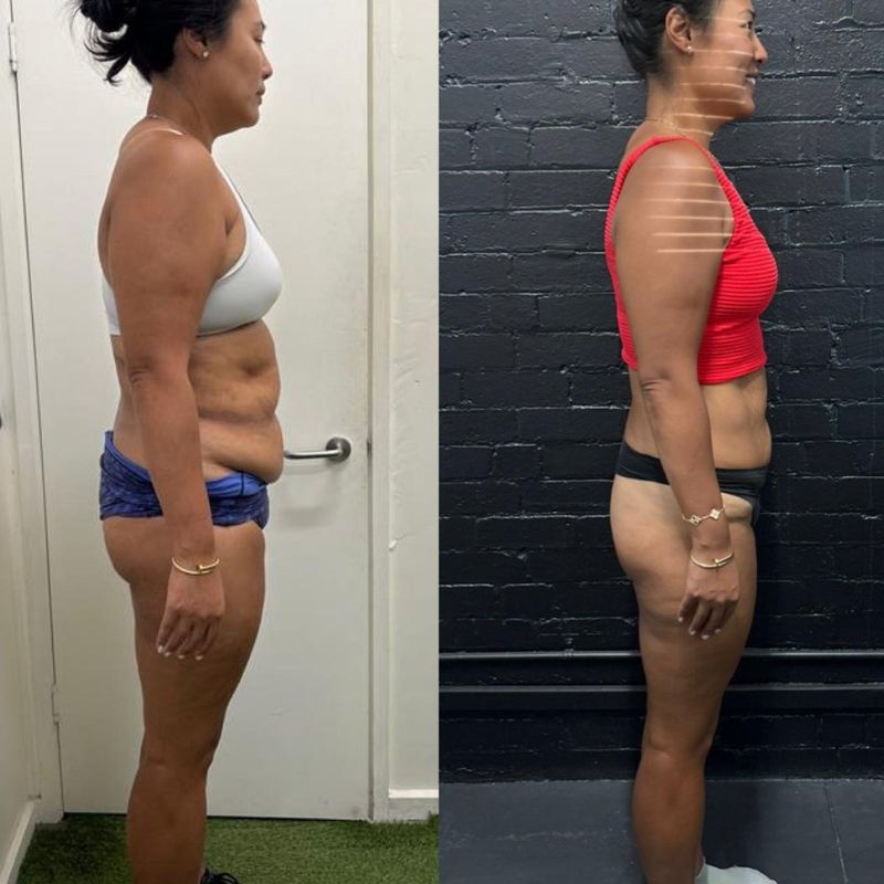 Female client core toning and fat loss before and after – visible abs achieved with Strength Lab coaching