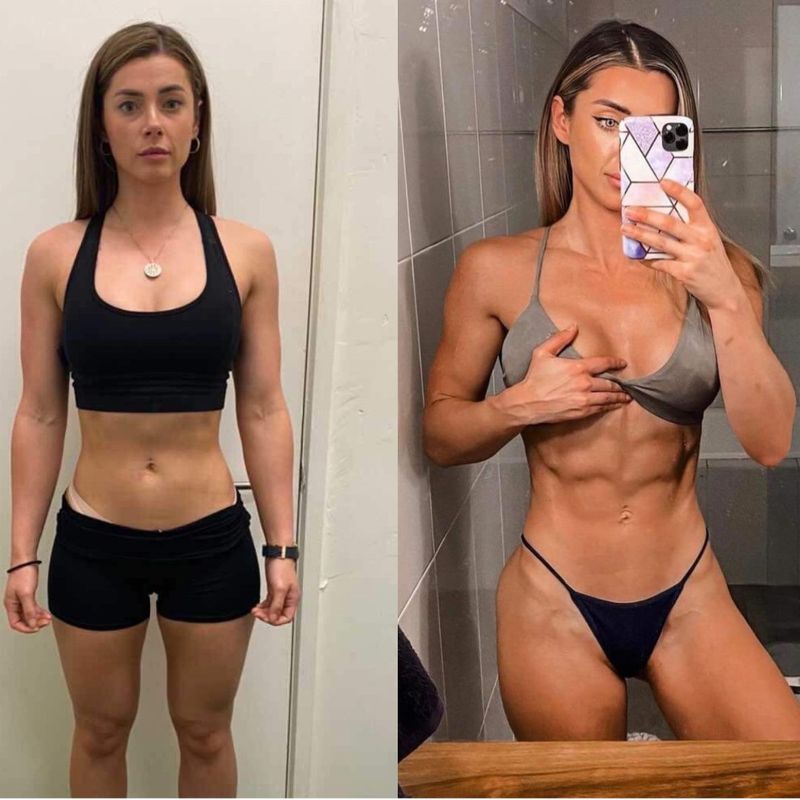 Female client fat loss and lean muscle before and after – Strength Lab online coaching for women