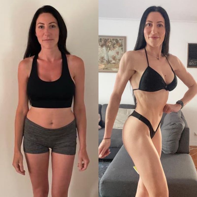 Female client competition prep before and after – from beginner to ICN stage with Strength Lab coaching