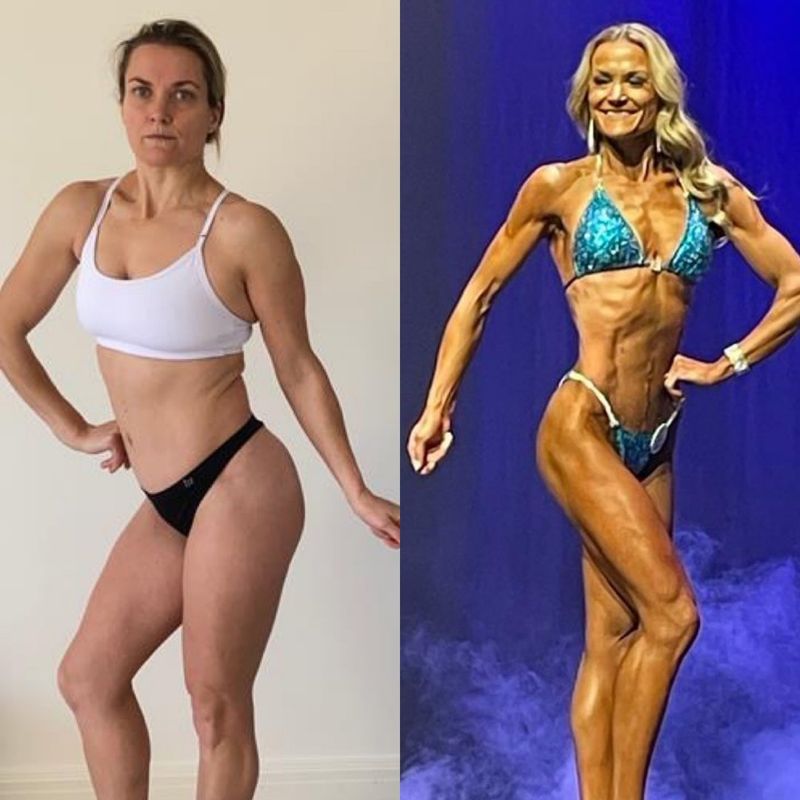Female client figure competition transformation before and after – from lean physique to stage-ready conditioning with Strength Lab coaching
