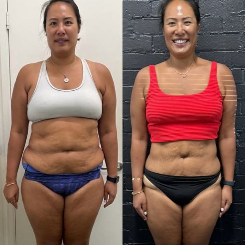 Female client midsection fat loss before and after – reduced belly fat and improved shape with Strength Lab coaching