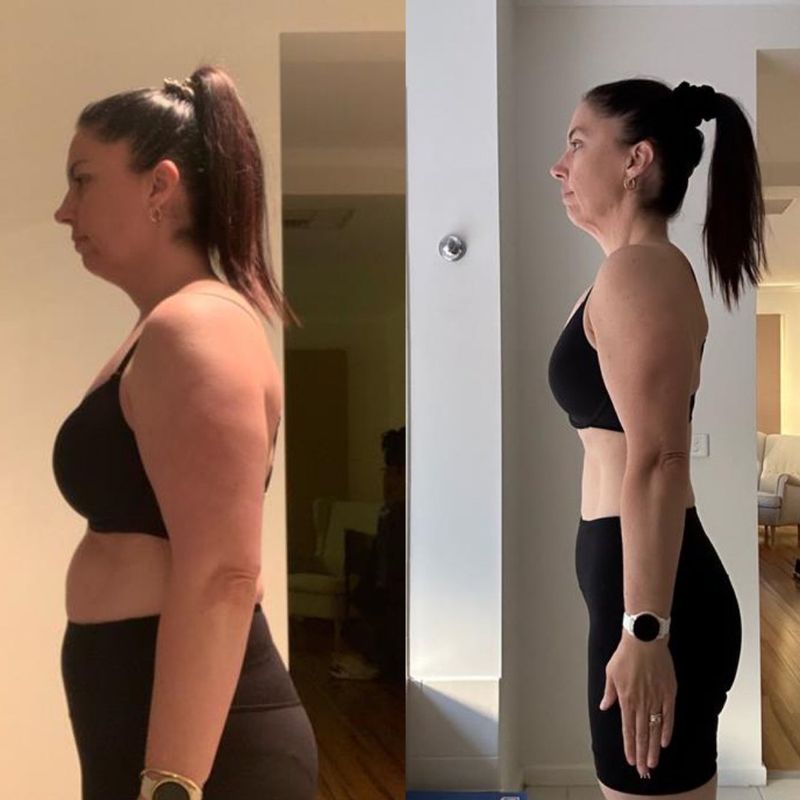 Female client body toning progress before and after – leaner physique achieved with Strength Lab coaching