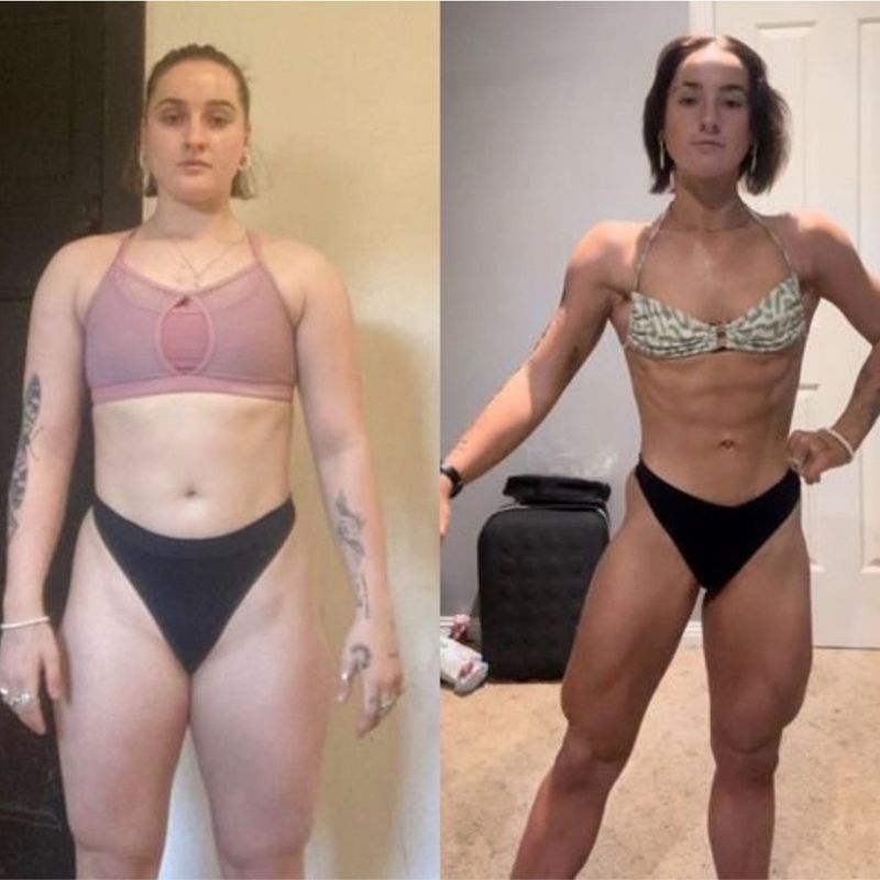 Female client lean physique before and after – toned body with visible definition through Strength Lab coaching
